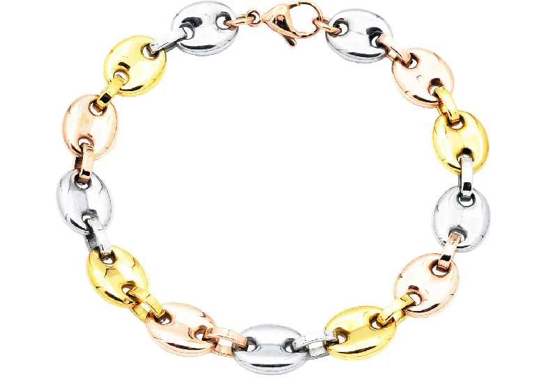 Women’s stackable bracelets-Mens Tri Color Stainless Steel Puff Mariner Link Chain Bracelet