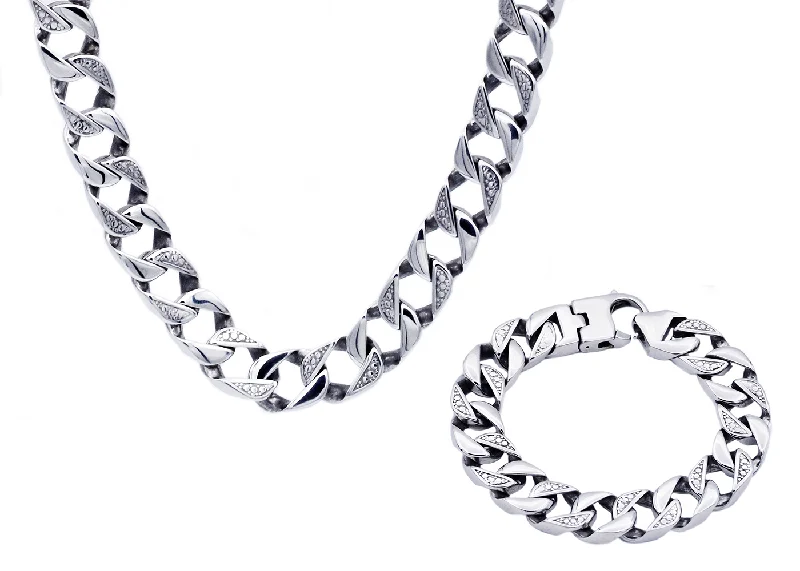 Women’s eco-friendly bracelet-Mens 14mm Stainless Steel Pave Cuban Link Bracelet & Necklace Chain Set