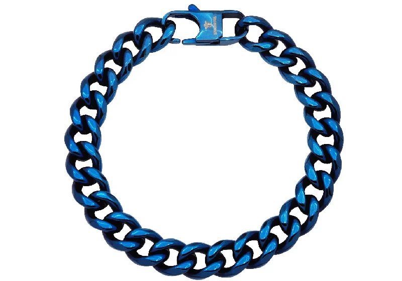 Women’s delicate bracelet-Mens 10mm Blue Plated Stainless Steel Cuban Link Chain Bracelet