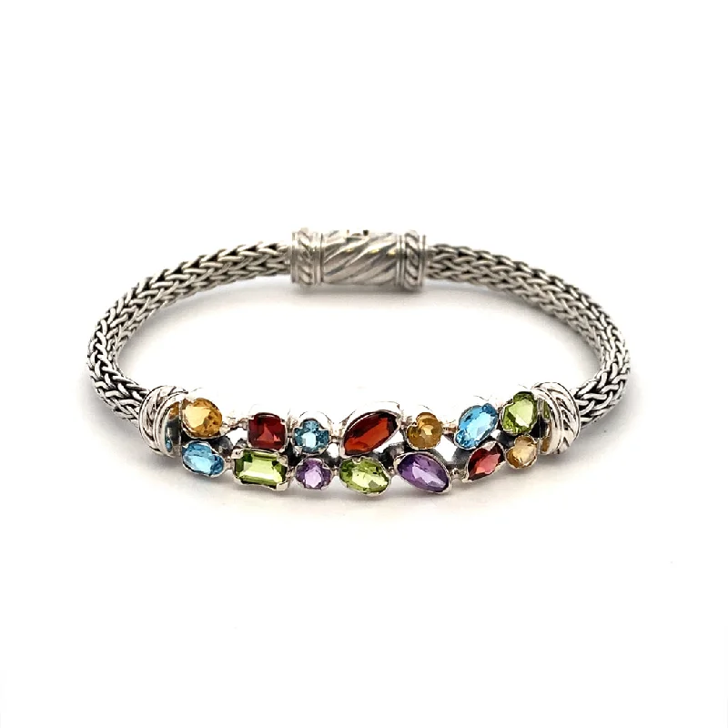 Women’s double bangle bracelet-Sterling Silver Multi Gemstone Cluster Bracelet by Samuel B.