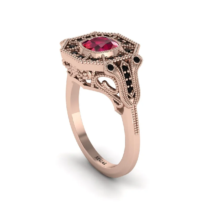 Women’s alternative engagement ring-Ruby Cushion Cut Art Deco Engagement Ring - Kristin No. 41