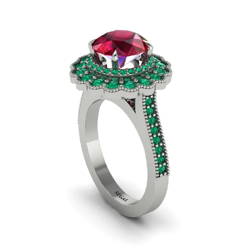 Women’s signature engagement ring-Emerald Double Halo Cathedral Engagement Ring - Deirdre No. 27