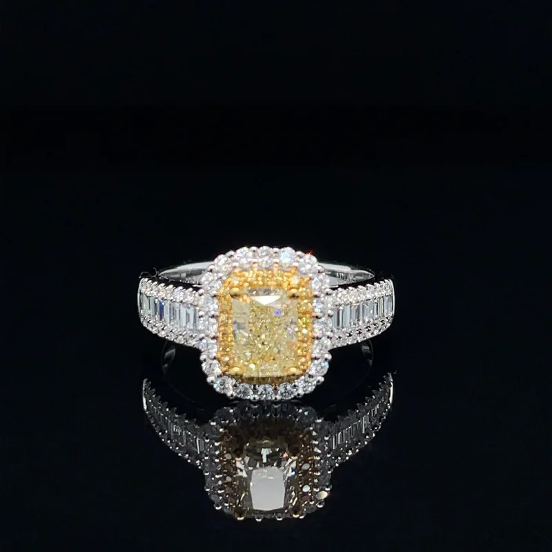 Women’s simple engagement ring-Fancy Yellow & White Diamond Halo Baguette Engagement Ring - #537 - RGDIA668966