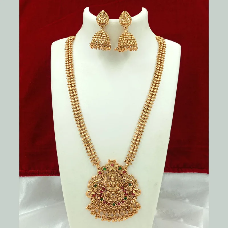 Women’s statement necklace-Joyful Jewel Art Matte Gold Plated Kundan Stone Temple Necklace Set