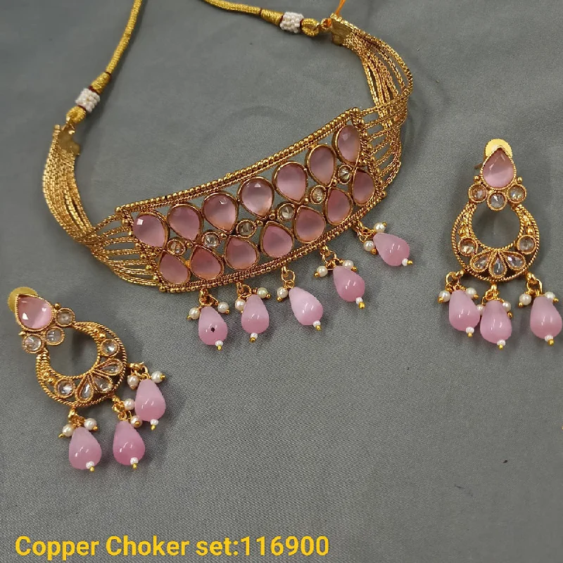 Women’s braided necklace-Padmawati Bangles Copper Gold Plated Crystal Stone & Beads Choker Necklace Set