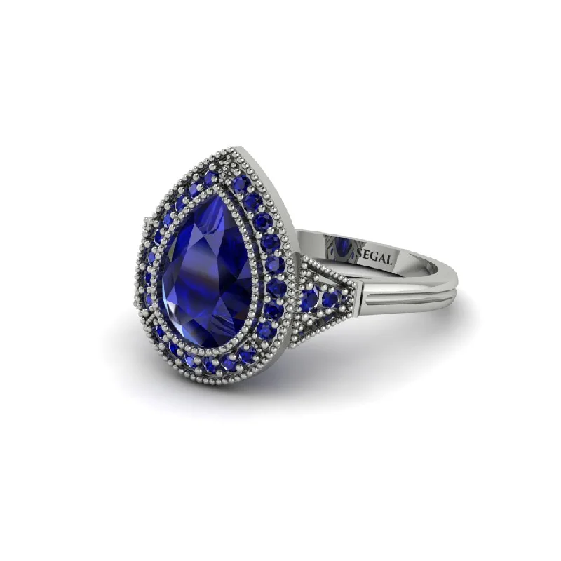 Women’s mixed metal engagement ring-Pear Cut Sapphire Milgrain Halo Engagement Ring - Daleyza No. 75