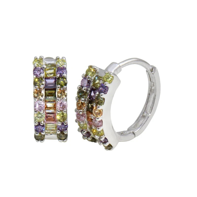 Women’s crystal earrings-Silver 925 Rhodium Plated Multi-Colored CZ Stone huggiehoop Earrings