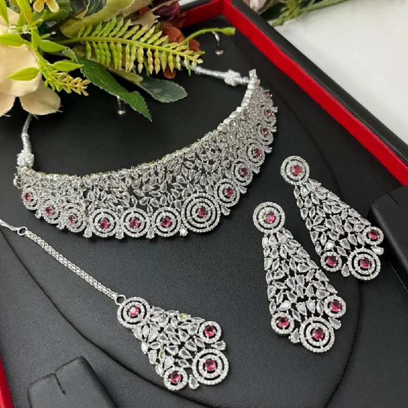 Women’s vintage gold necklace-Aamrapali Silver Plated American Diamond Choker Necklace Set