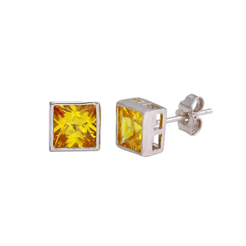 Women’s dangly earrings-Silver 925 Rhodium Plated Square Yellow CZ Stud Earrings