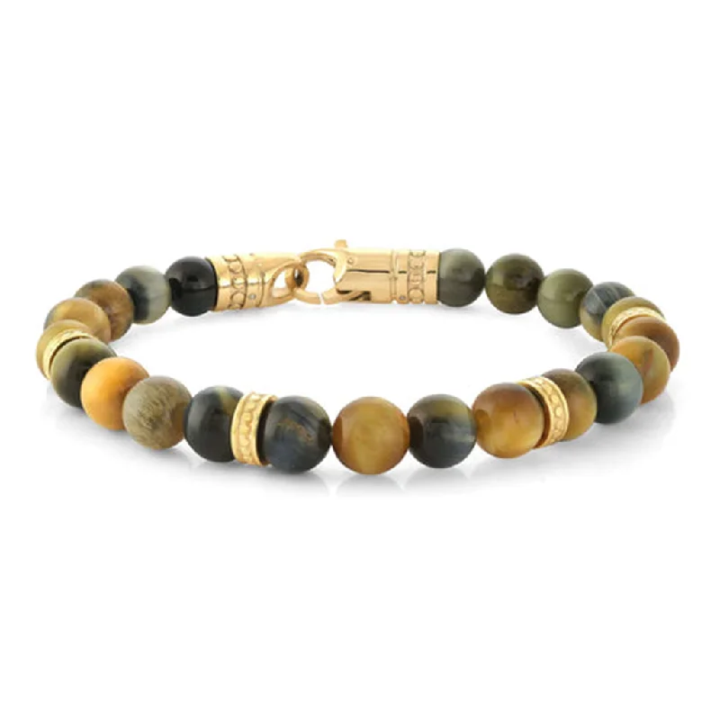 Women’s casual bangles-Stainless Steel IP Gold Tiger's Eye Bead Men's Bracelet