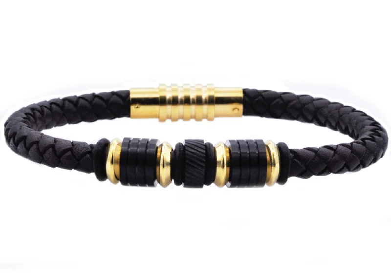 Women’s personalized bracelet-Mens Black Leather Gold Stainless Steel Bracelet