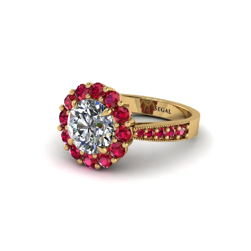 Women’s gemstone wedding ring-Ruby Round Halo Engagement Ring - Unity No. 46