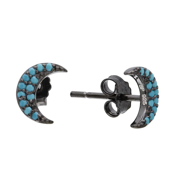 Women’s square earrings-Silver 925 Black Rhodium Plated Half Moon Turquoise Stone Earrings