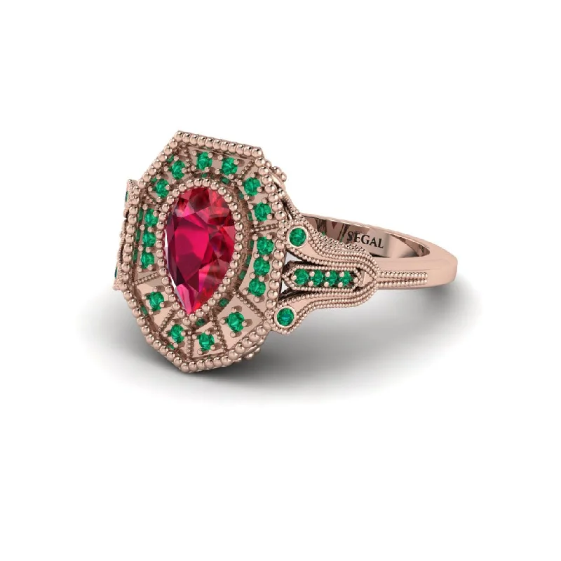 Women’s sapphire engagement ring-Ruby Pear Cut Art Deco Engagement Ring - Rosalind No. 26