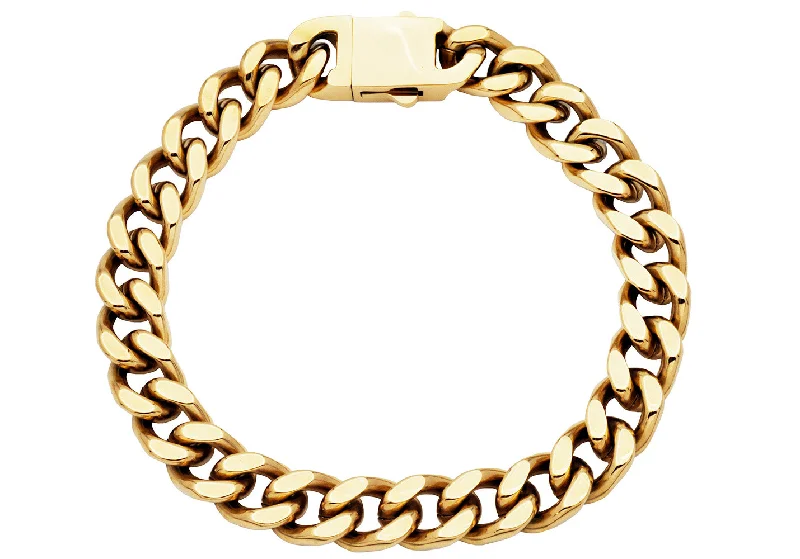 Women’s textured bracelet-Mens 10mm Gold Plated Stainless Steel Cuban Link Chain Bracelet