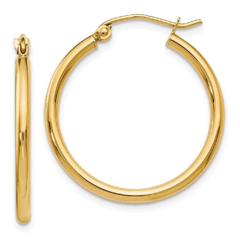 Women’s beaded earrings-2mm Round Hoop Earrings in 14k Yellow Gold, 25mm (1 Inch)