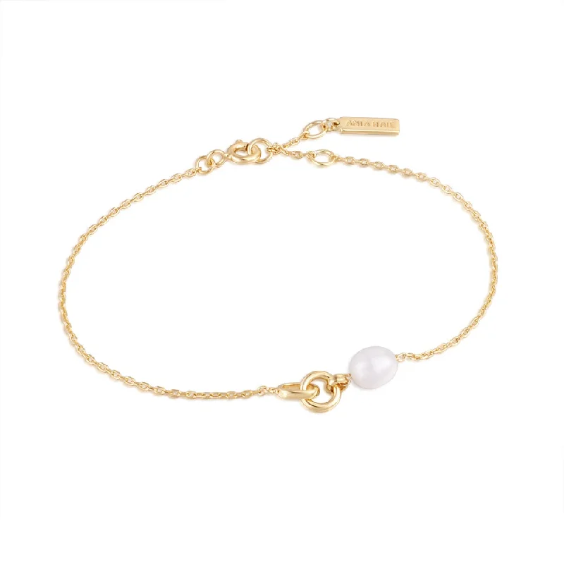 Women’s silver bracelet-14K Yellow Gold Plated Pearl Interlocking Link Bracelet by Ania Haie