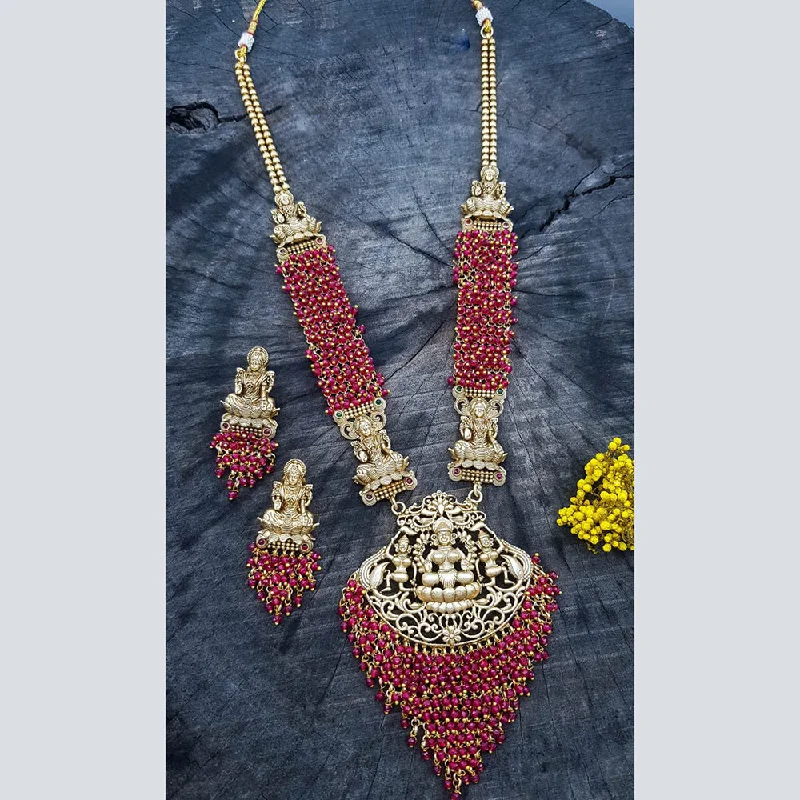 Women’s men’s style necklace-Sangita Creation  Copper Gold  Pota Stone Temple Long  Necklace Set