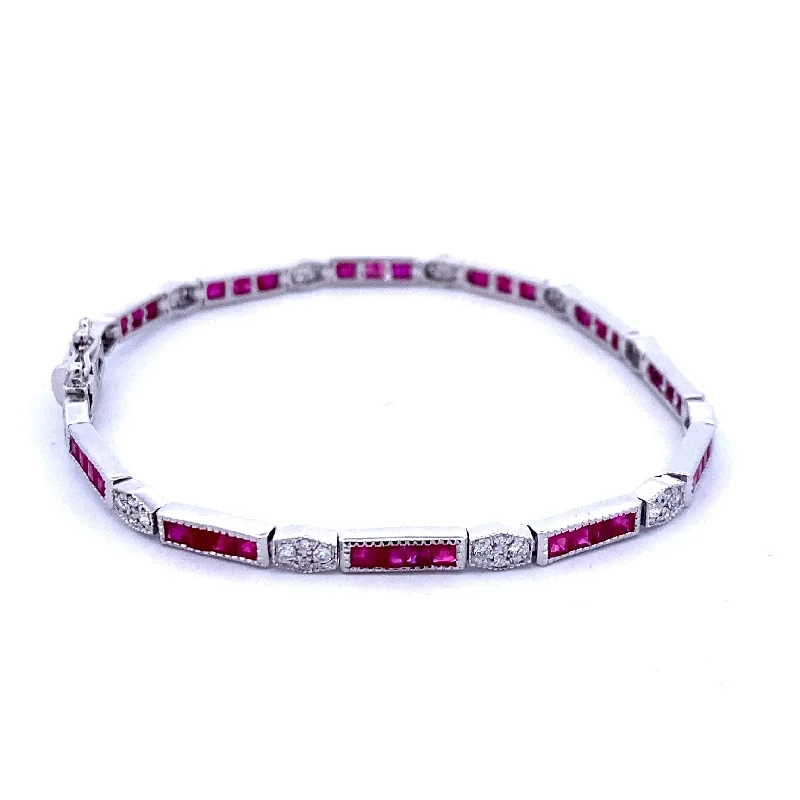 Women’s chic statement bracelet-14K White Gold 4.66ctw Ruby & Diamond Antique Style Link Bracelet