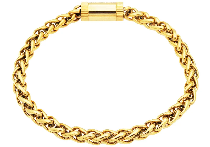 Women’s delicate bracelet-Mens Gold Plated Stainless Steel Wheat Link Chain Bracelet With Magnetic Clasp