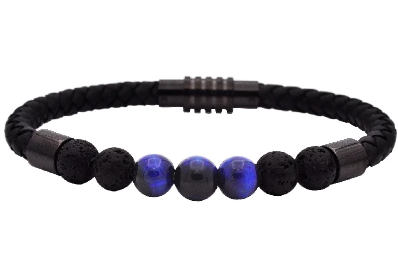 Women’s vintage bracelet-Mens Genuine Blue Tiger Eye and Lava Stone Black Leather Stainless Steel Bracelet