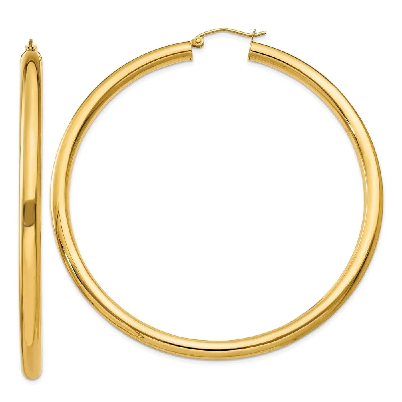 Women’s gold hoop earrings-4mm, 14k Yellow Gold Classic Round Hoop Earrings, 65mm (2 1/2 Inch)