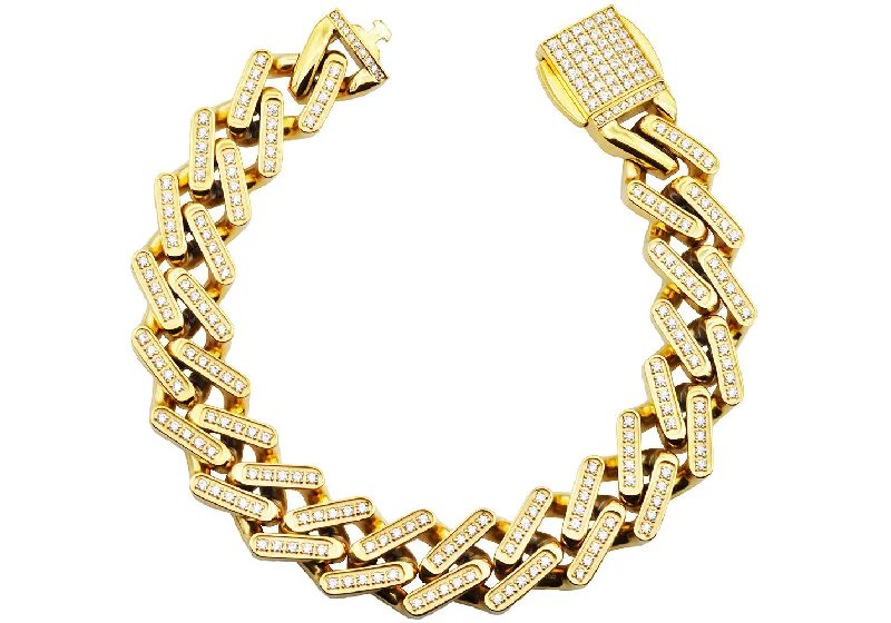 Women’s designer bangle-Mens Gold Stainless Steel 14mm Monaco Link Chain Bracelet With Cubic Zirconia