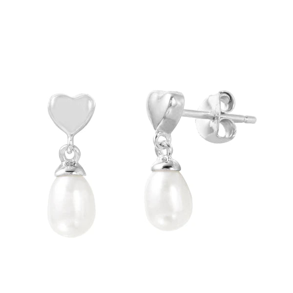 Women’s edgy earrings-Silver 925 Rhodium Plated Heart with Dangling Fresh Water Pearl Post Earrings