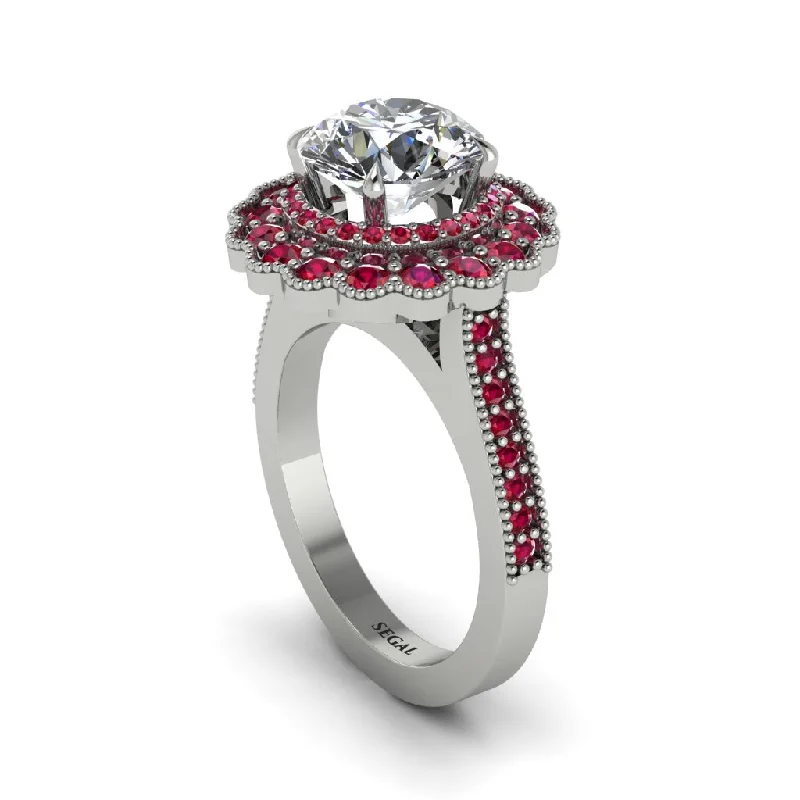 Women’s silver engagement ring-Ruby Double Halo Cathedral Engagement Ring - Deirdre No. 48