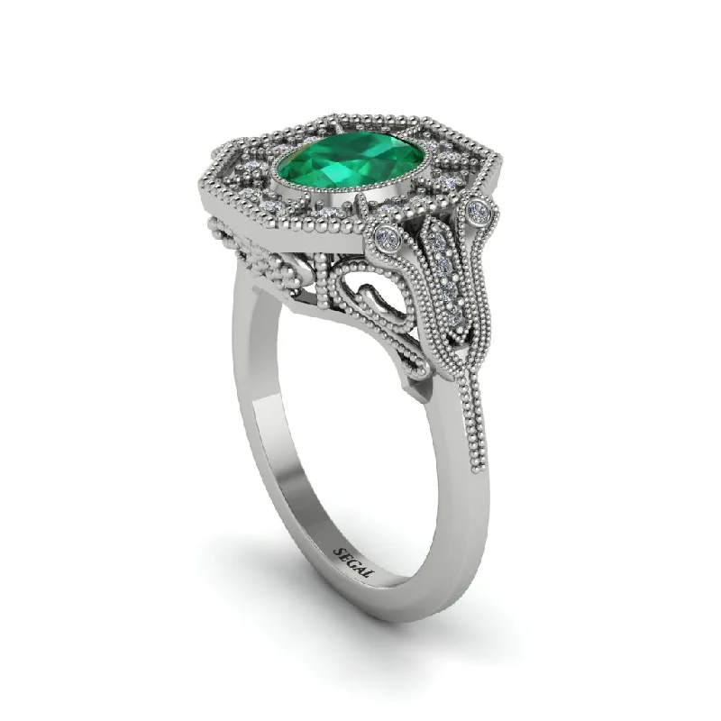 Women’s diamond engagement ring-Emerald Oval Cut Art Deco Engagement Ring - Tabitha No. 6