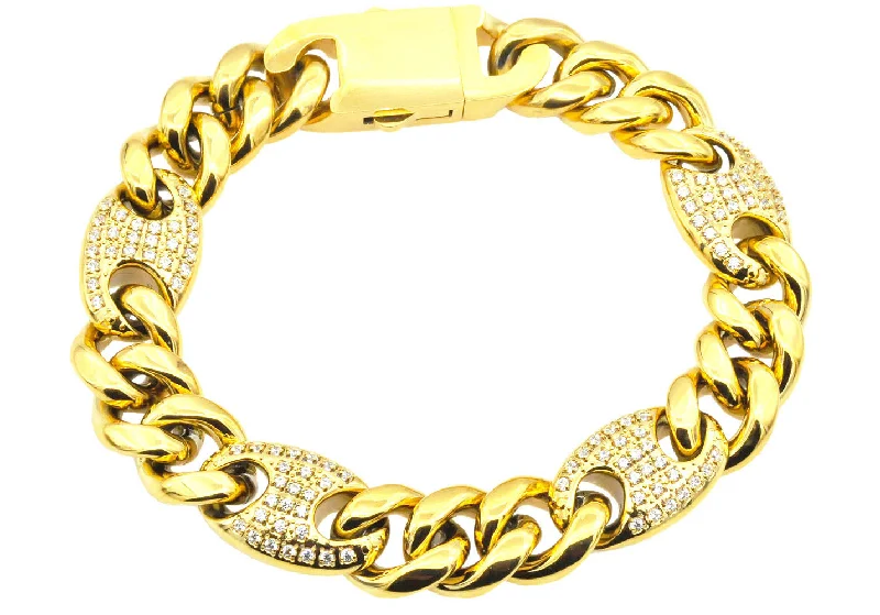 Women’s thick bangle-Mens 10mm Gold Plated Stainless Steel Mariner Curb Chain Bracelet With Cubic Zirconia