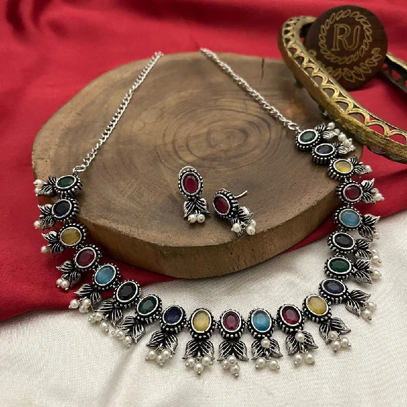 Women’s initial necklace-FS Collection Oxidised Plated Pota Stone And Pearls Necklace Set