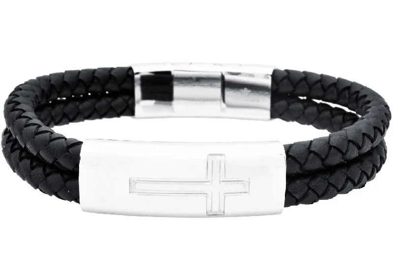 Women’s gemstone bracelet-Mens Double Strand Black Leather Stainless Steel Cross Bracelet