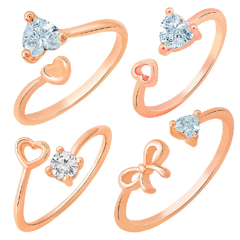 Women’s wedding band set-Mahi Rose Gold Plated Combo of 4 Heart Shaped Adjustable Finger Rings with Cubic Zirconia for Women (CO1105442Z)