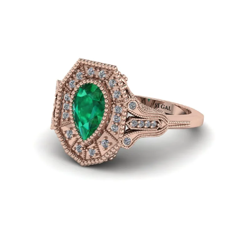 Women’s affordable engagement ring-Emerald Pear Cut Art Deco Engagement Ring - Rosalind No. 5