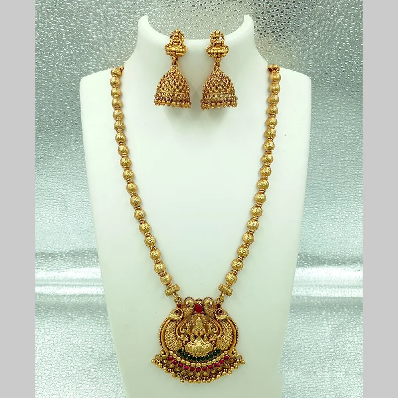 Women’s boho necklace-Joyful Jewel Art Matte Gold Plated Pota Stone Temple Long Necklace Set