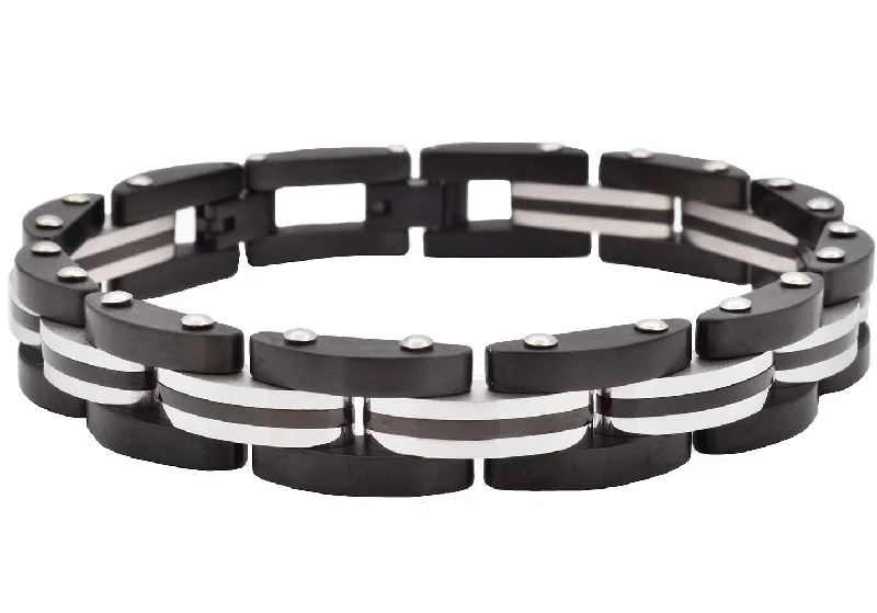 Women’s luxury bracelet-Mens Two Toned Striped Black Stainless Steel Bracelet