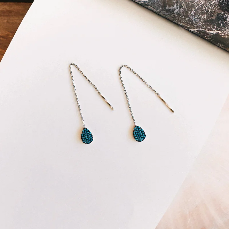 Women’s dangly earrings-Turquoise Teardrop Thread Earrings - Sterling Silver