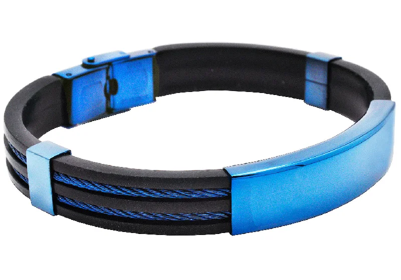 Women’s gemstone bracelet-Mens Blue Silicone Black Stainless Steel Wire Bangle ID Bracelet