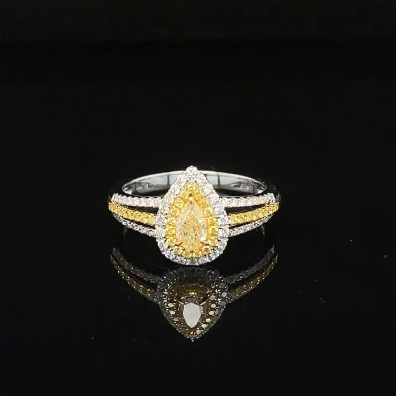 Women’s modern engagement ring-Yellow & White Diamond Halo Split Shank Engagement Ring in 18k Two-Tone Gold - #622 RGDIA671264 -