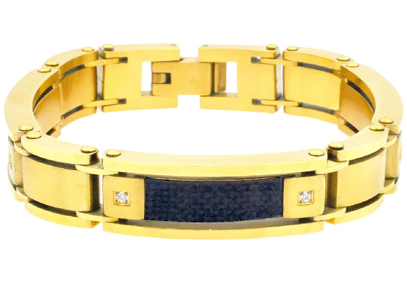 Women’s gold bangle-Mens Stainless Gold Plated Steel Bracelet With Carbon Fiber And Cubic Zirconia