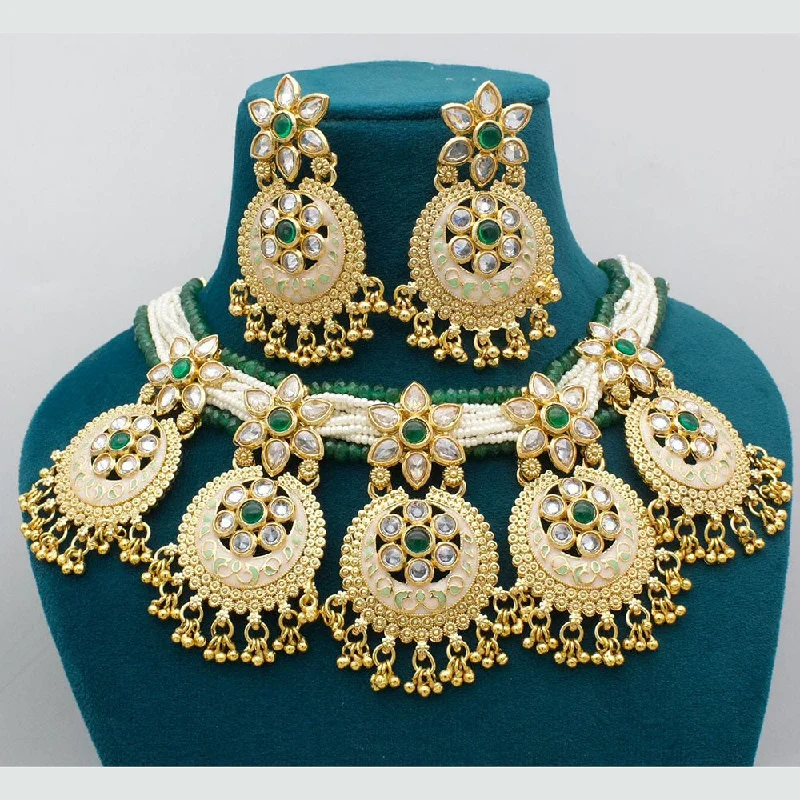 Women’s fashion necklace-JCM Gold Plated Crystal Stone And Peals Meenakari Necklace Set