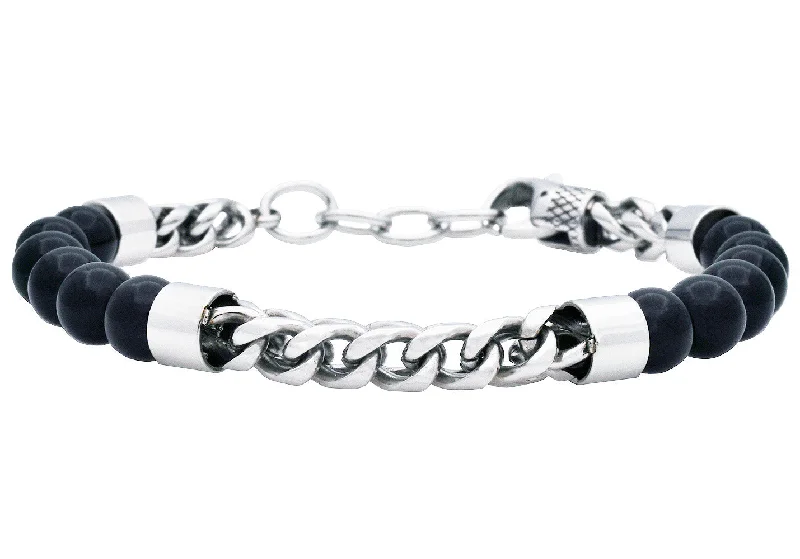 Women’s custom bracelet-Mens Genuine Onyx Stainless Steel Beaded And Franco Link Chain Bracelet