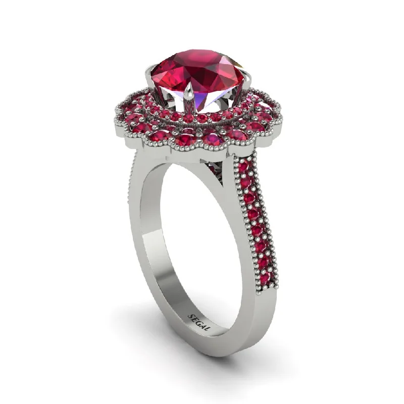 Women’s mixed gemstone engagement ring-Ruby Double Halo Cathedral Engagement Ring - Deirdre No. 57