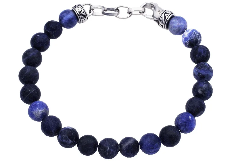 Women’s fashion cuff bracelet-Mens Genuine 8mm Sodalite Bead Stainless Steel Bracelet