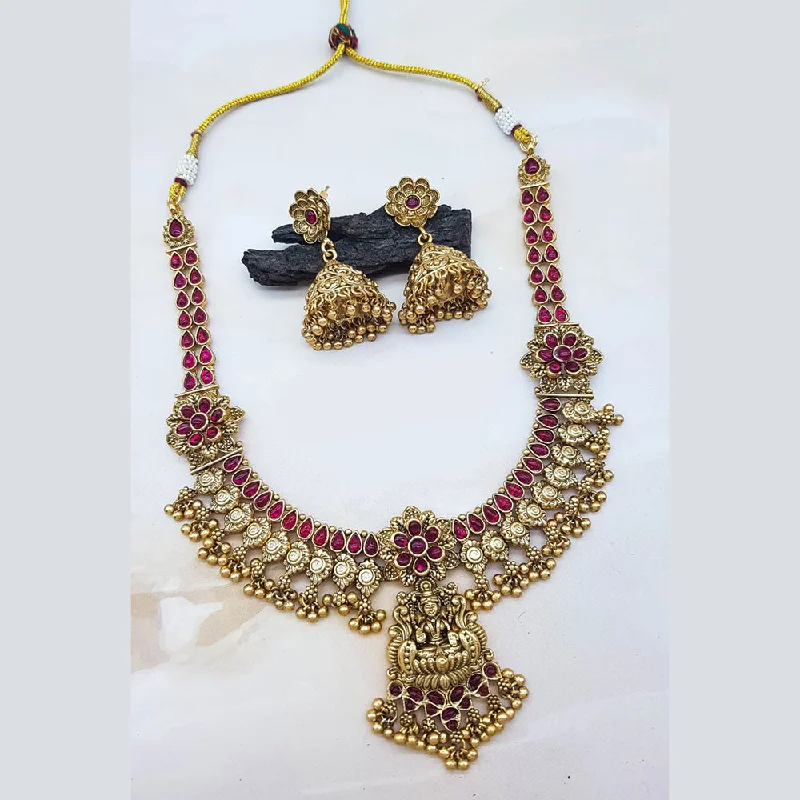 Women’s gemstone necklace-Sangita Creation  Copper Gold  Pota Stone Temple Long  Necklace Set