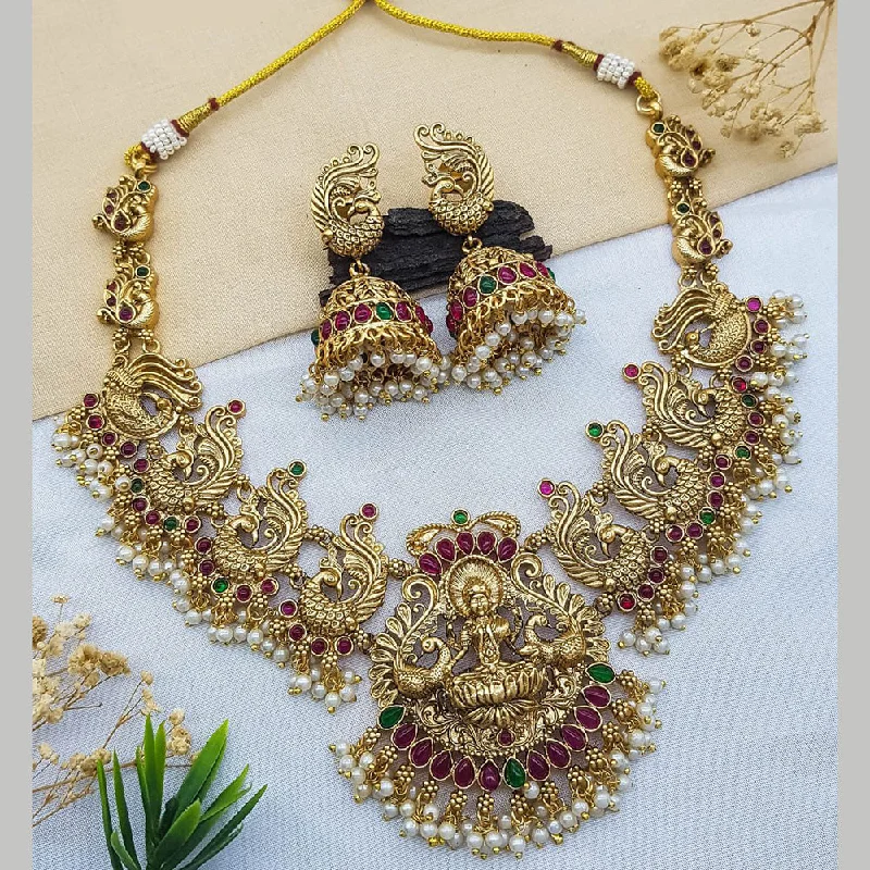 Women’s pearl necklace-Sangita Creation  Copper Gold  Pota Stone Temple Long  Necklace Set