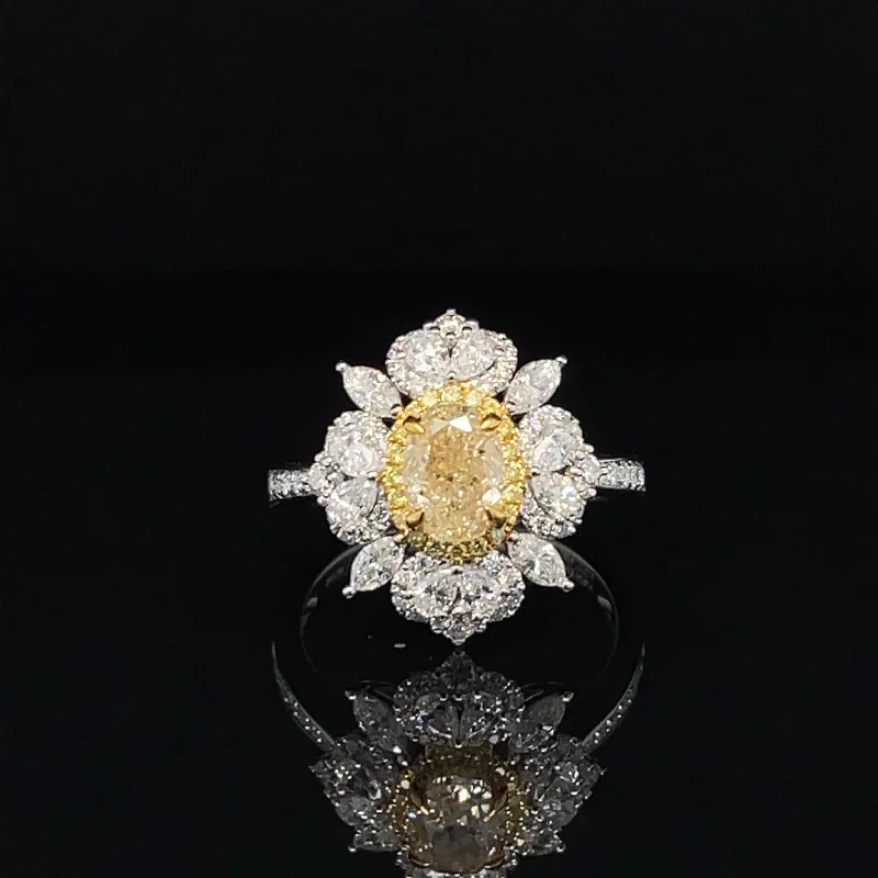 Women’s three-stone engagement ring-Fancy Yellow & White Diamond Floral Cluster Vintage Engagement Ring in 18k Two-Tone Gold - #529 - RGDIA668960