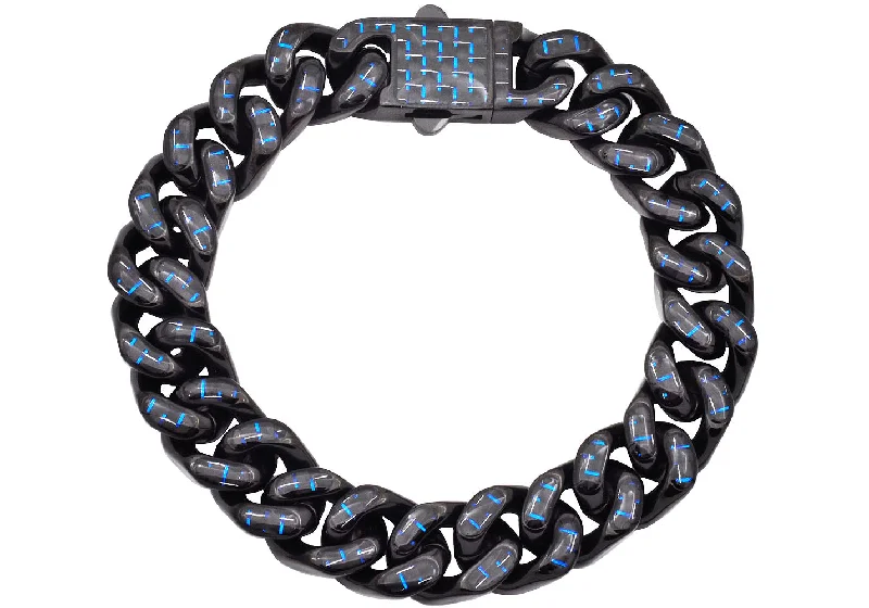 Women’s charm bracelet-Men's 12mm Black Plated Stainless Steel Cuban Link Chain Bracelet With Blue Carbon Fiber