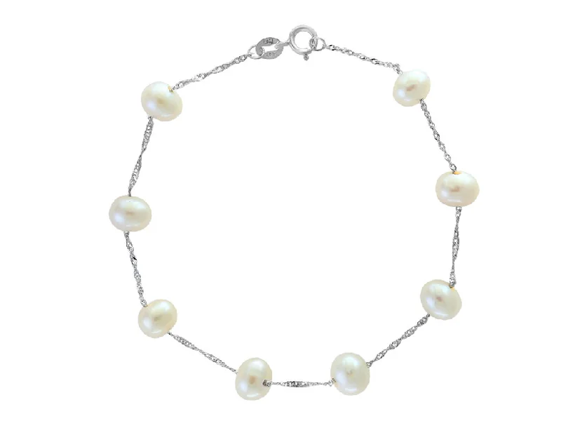 Women’s crystal bracelet-14K White Gold 6-6.5mm Freshwater Pearl Station Bracelet